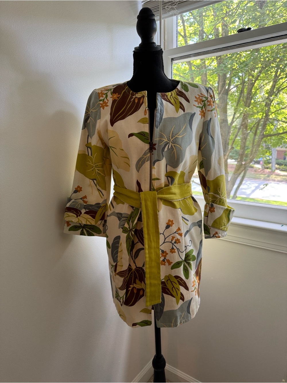 Floral Belted Trench Coat in Cream and Olive
